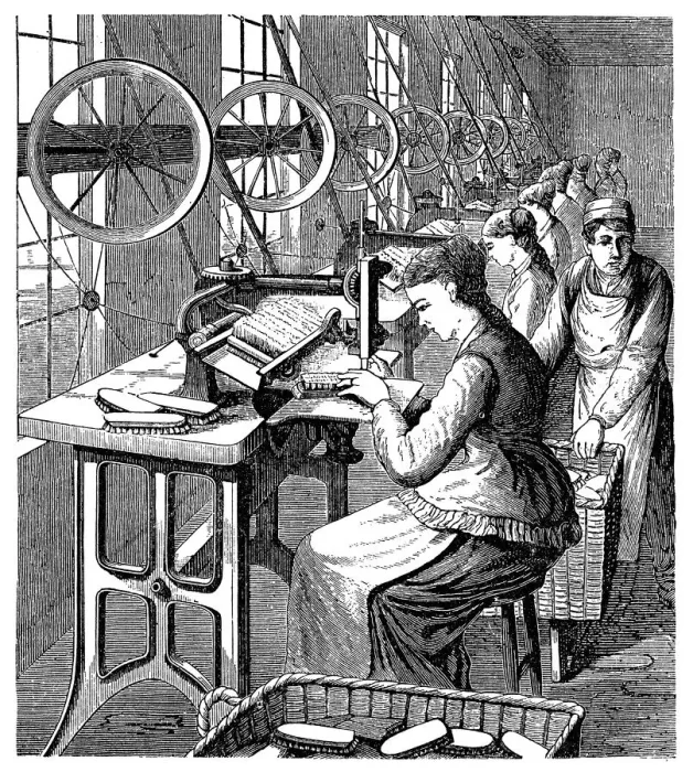 Framed Print : Women securing bristles in brushes using Woodburys machine, late 19th century Framed Print : Women securing bristles in brushes using Woodburys machine, late 19th century