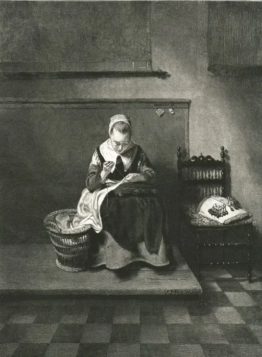 Framed Print : A Women Sewing after Nicholas Maes, 1890. Creator: Unknown. A Women Sewing after Nicholas Maes, 1890. Creator: Unknown