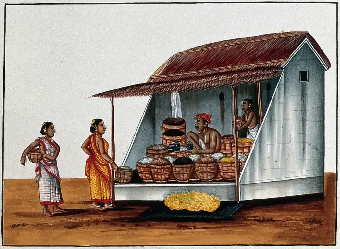 Framed Print : Two women at a shop selling grains and pulses, (between 1800 and 1899?). Creator: Unknown Framed Print : Two women at a shop selling grains and pulses, (between 1800 and 1899?). Creator: Unknown
