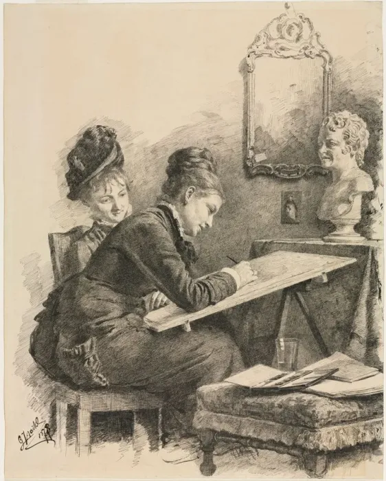 Framed Print : Two Women Sketching a Sculpture, 1878. Creator: Gabriel von Hackl (German, 1843-1926) Framed Print : Two Women Sketching a Sculpture, 1878. Creator: Gabriel von Hackl (German, 1843-1926)