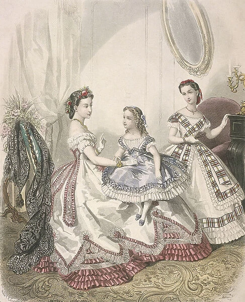Two women and a small girl wearing the latest indoor fashions, c1860