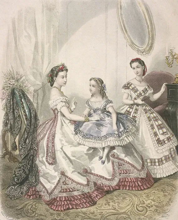 Framed Print : Two women and a small girl wearing the latest indoor fashions, c1860 Framed Print : Two women and a small girl wearing the latest indoor fashions, c1860