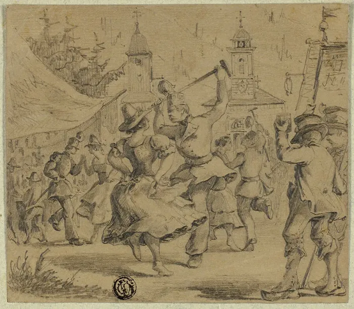 Framed Print : Women and Soldiers Dancing in Village Square, n.d. Creator: Unknown Framed Print : Women and Soldiers Dancing in Village Square, n.d. Creator: Unknown