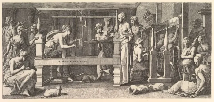 Framed Print : Women spinning, weaving and sewing, 1540-50. Creator: Master FG Framed Print : Women spinning, weaving and sewing, 1540-50. Creator: Master FG