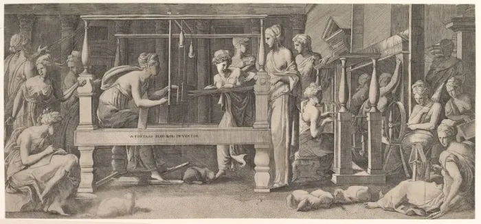 Framed Print : Women spinning, weaving and sewing, mid-16th century. Creator: Master FG (Italian Framed Print : Women spinning, weaving and sewing, mid-16th century. Creator: Master FG (Italian