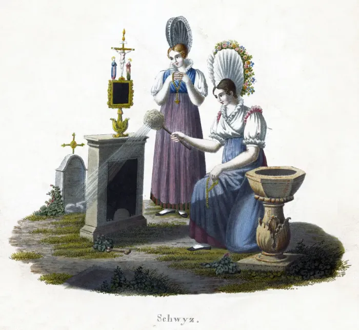 Framed Print : Two women standing before a headstone in a graveyard, c1800 Framed Print : Two women standing before a headstone in a graveyard, c1800