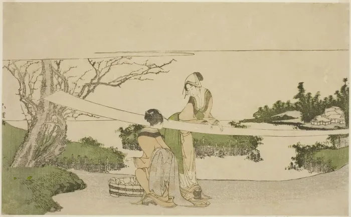 Framed Print : Two women stretching cloth, Japan, c. 1797 / 98. Creator: Hokusai Framed Print : Two women stretching cloth, Japan, c. 1797 / 98. Creator: Hokusai