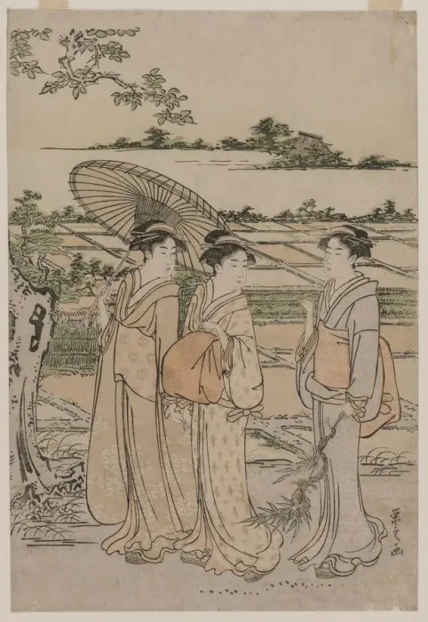 Framed Print : Three Women Strolling in the Countryside, mid 1780s. Creator: Ch?bunsai Eishi (Japanese Framed Print : Three Women Strolling in the Countryside, mid 1780s. Creator: Ch?bunsai Eishi (Japanese