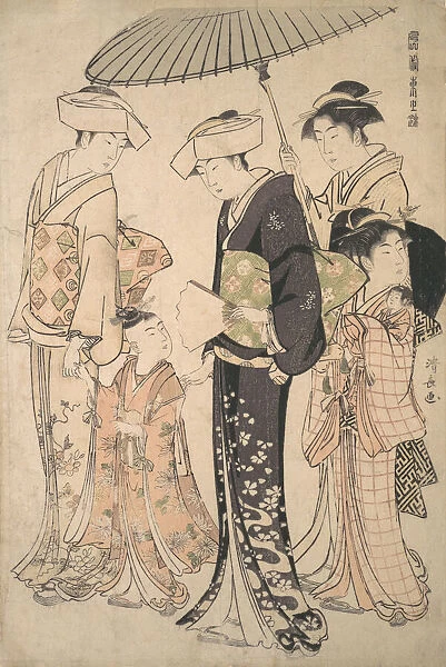 Two Women in Summer Costume Taking a Young Girl to a Shinto Temple for the Miya Mairi