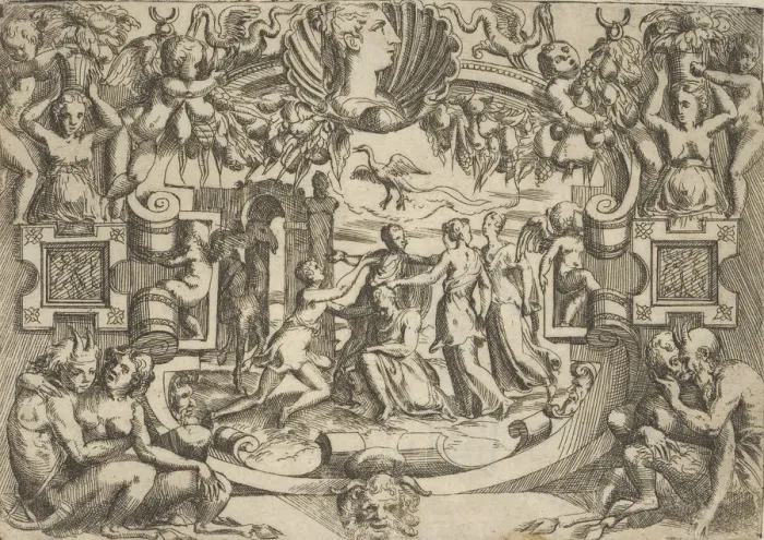 Framed Print : Four women surrounding a seated figure, a bird above them, set within an elaborate Framed Print : Four women surrounding a seated figure, a bird above them, set within an elaborate