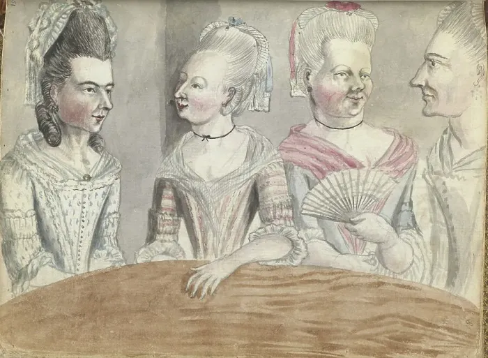Framed Print : Four women at a table during a trip to Falmouth, 1778. Creator: Jan Brandes Framed Print : Four women at a table during a trip to Falmouth, 1778. Creator: Jan Brandes