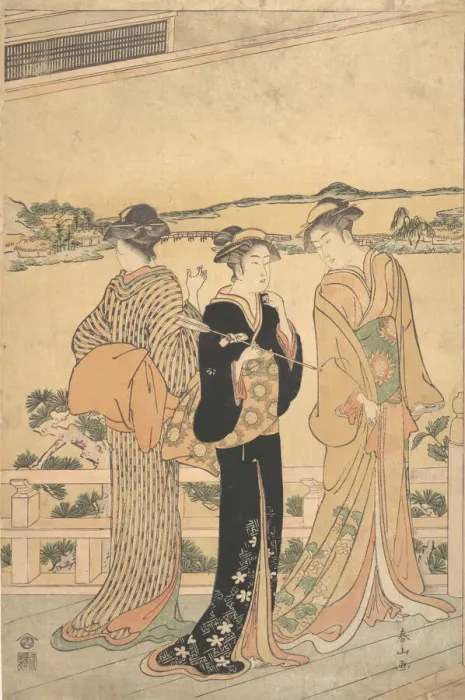 Framed Print : Three Women on a Veranda Overlooking a Bay, late 19th century. Creator: Katsukawa Shunzan Framed Print : Three Women on a Veranda Overlooking a Bay, late 19th century. Creator: Katsukawa Shunzan