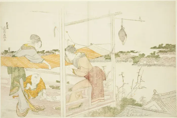 Framed Print : Women on a Veranda Stretching Cloth to Dry, Japan, c. 1799. Creator: Hokusai Framed Print : Women on a Veranda Stretching Cloth to Dry, Japan, c. 1799. Creator: Hokusai