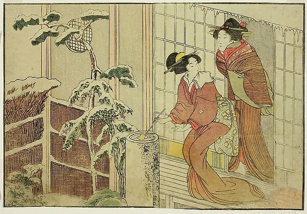 Two Women on Verandah on a Snowy Morning, from the illustrated book 'Picture... New Year, 1801. Creator: Kitagawa Utamaro. Two Women on Verandah on a Snowy Morning, from the illustrated book 'Picture... New Year, 1801
