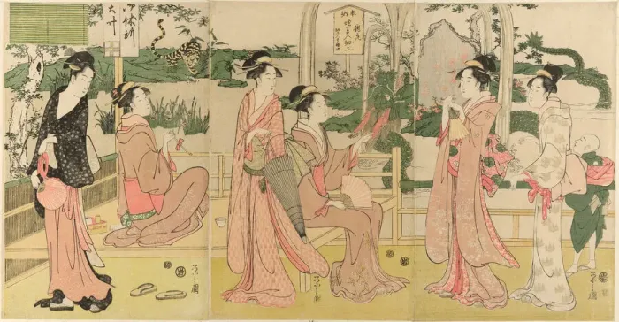 Framed Print : Women viewing dragon and tiger made of tobacco pouches, c. 1795. Creator: Hosoda Eishi Framed Print : Women viewing dragon and tiger made of tobacco pouches, c. 1795. Creator: Hosoda Eishi