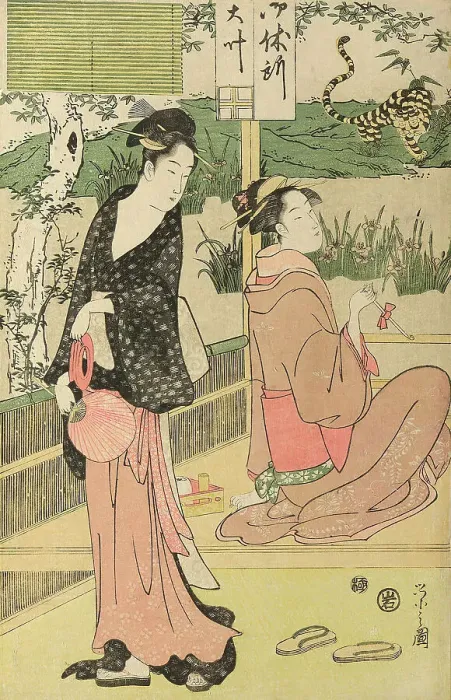 Framed Print : Women viewing dragon and tiger made of tobacco pouches, c. 1795. Creator: Hosoda Eishi Framed Print : Women viewing dragon and tiger made of tobacco pouches, c. 1795. Creator: Hosoda Eishi