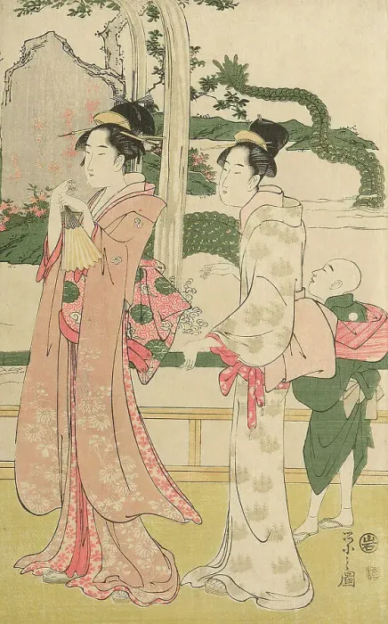 Framed Print : Women viewing dragon and tiger made of tobacco pouches, c. 1795. Creator: Hosoda Eishi Framed Print : Women viewing dragon and tiger made of tobacco pouches, c. 1795. Creator: Hosoda Eishi
