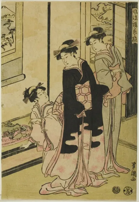 Framed Print : Women viewing miniature landscape, from the series Furyu moro hanami uwari, n Framed Print : Women viewing miniature landscape, from the series Furyu moro hanami uwari, n