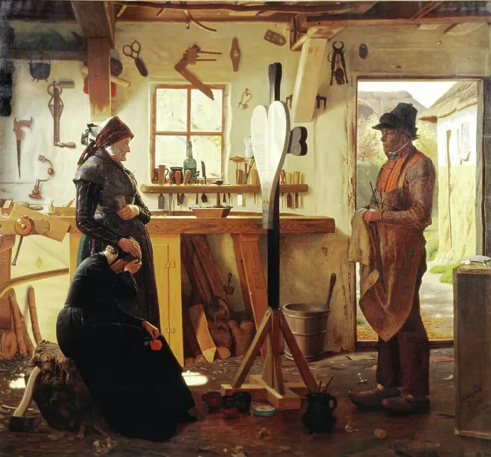 Framed Print : Two Women Call on the Village Artist to See the Memorial Cross they Have Commissioned, 1873. Creator: Christen Dalsgaard Framed Print : Two Women Call on the Village Artist to See the Memorial Cross they Have Commissioned, 1873. Creator: Christen Dalsgaard