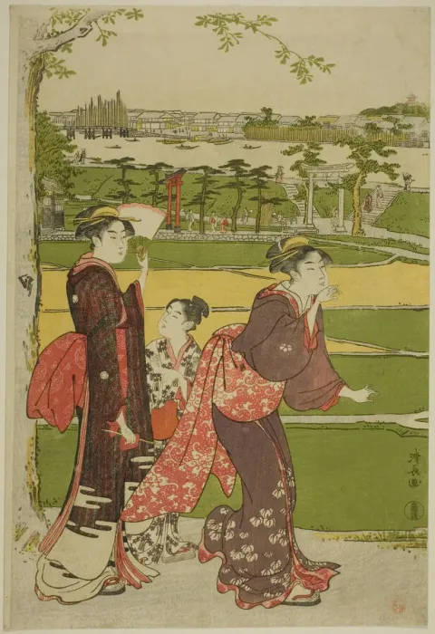 Framed Print : Women Visiting Mimeguri Shrine, c. 1787. Creator: Torii Kiyonaga Framed Print : Women Visiting Mimeguri Shrine, c. 1787. Creator: Torii Kiyonaga