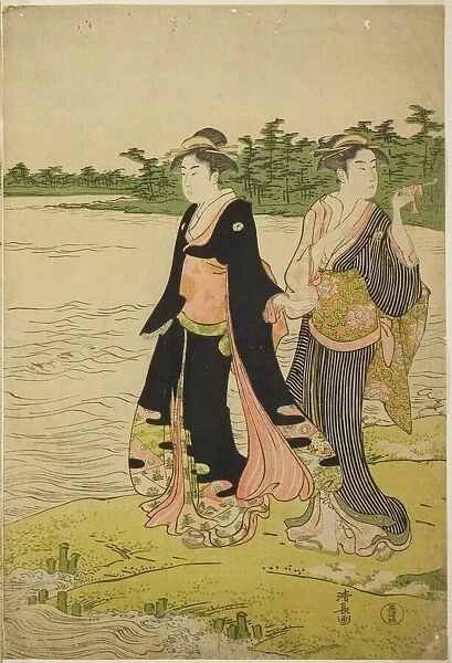 Two Women Waiting for a Ferry on the Sumida River, c. 1787. Creator: Torii Kiyonaga