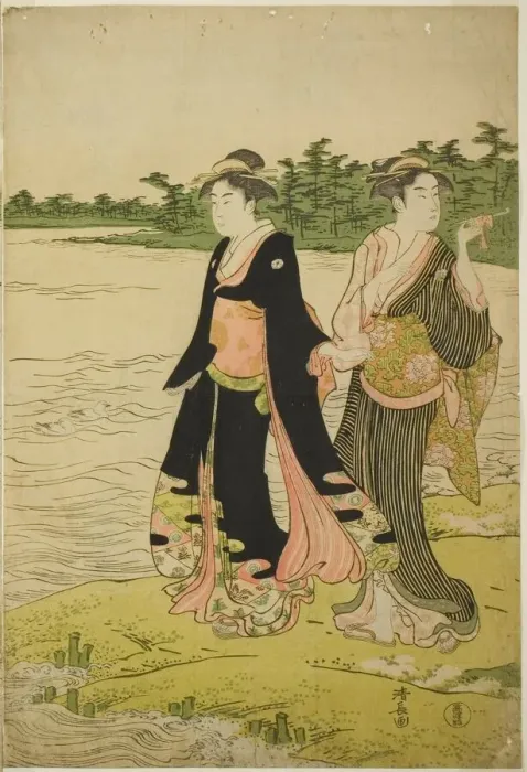 Framed Print : Two Women Waiting for a Ferry on the Sumida River, c. 1787. Creator: Torii Kiyonaga Framed Print : Two Women Waiting for a Ferry on the Sumida River, c. 1787. Creator: Torii Kiyonaga