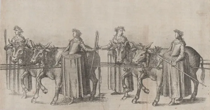 Framed Print : Four women walking alongside four cows;plate from Repraesentatio Der Fü Framed Print : Four women walking alongside four cows;plate from Repraesentatio Der Fü