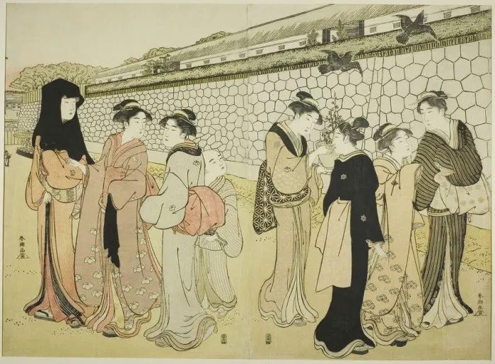 Framed Print : Women Walking by a Moat, 1780s. Creator: Katsukawa Shuncho