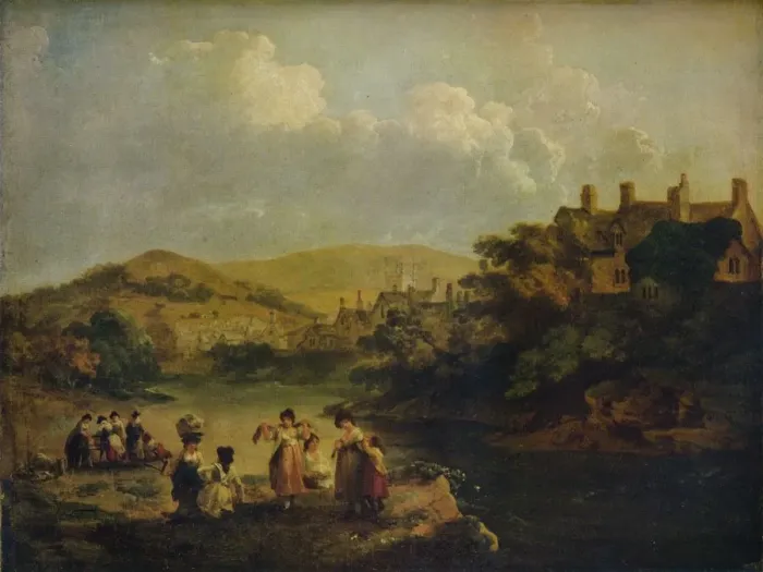 Framed Print : Women Washing Clothes in a Welsh Stream, 1790. Artist: Julius Caesar Ibbetson Framed Print : Women Washing Clothes in a Welsh Stream, 1790. Artist: Julius Caesar Ibbetson