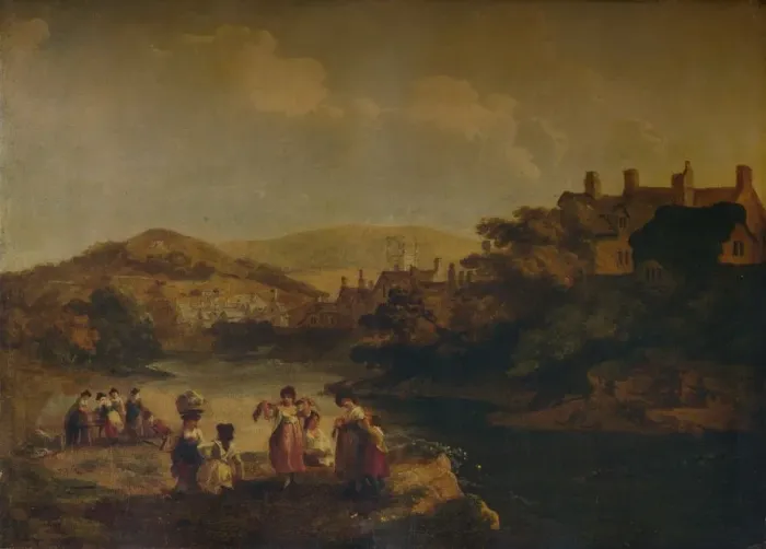 Framed Print : Women Washing Clothes in a Welsh Stream, 1790. Artist: Julius Caesar Ibbetson Framed Print : Women Washing Clothes in a Welsh Stream, 1790. Artist: Julius Caesar Ibbetson