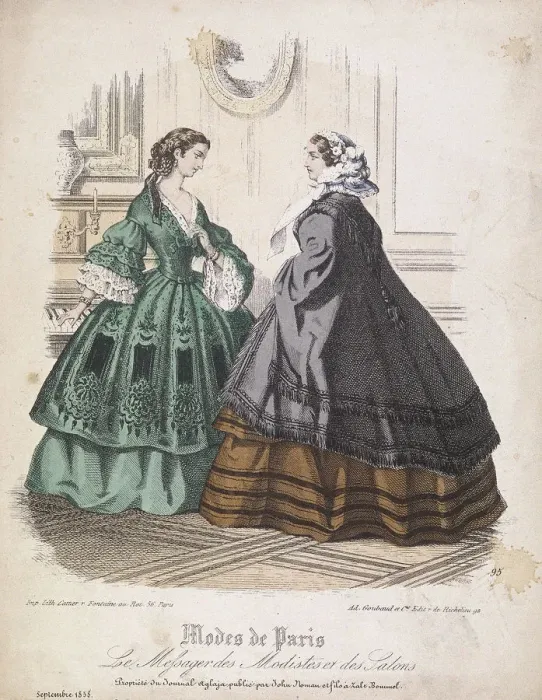 Framed Print : Two women wearing the latest fashions, 1858 Framed Print : Two women wearing the latest fashions, 1858
