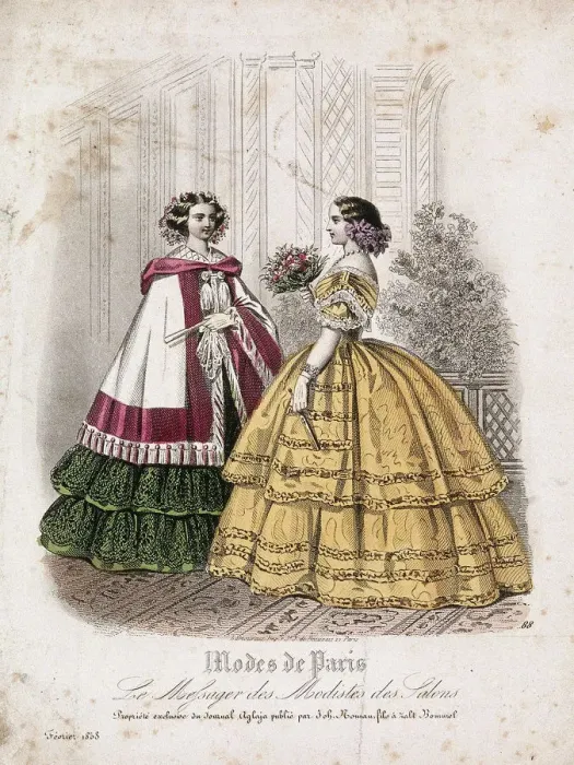 Framed Print : Two women wearing the latest fashions, 1858 Framed Print : Two women wearing the latest fashions, 1858