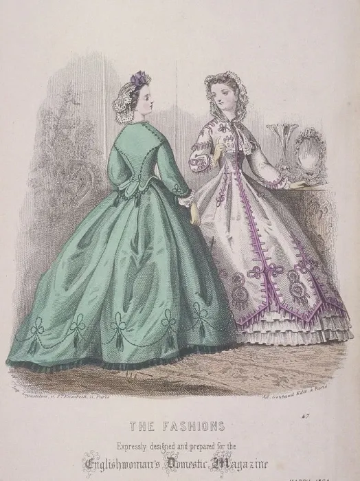 Framed Print : Two women wearing the latest fashions, 1864 Framed Print : Two women wearing the latest fashions, 1864