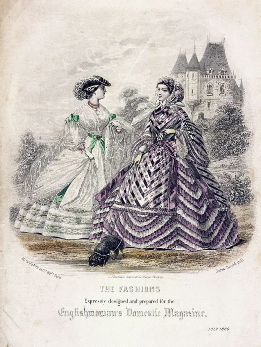 Framed Print : Two women wearing the latest fashions in an outdoor setting, 1860 Framed Print : Two women wearing the latest fashions in an outdoor setting, 1860