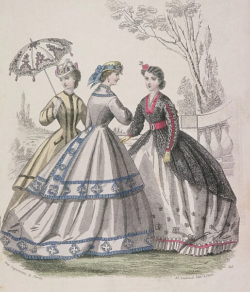 Three women wearing the latest fashions, one of the women is shading herself with a parasol, 1864