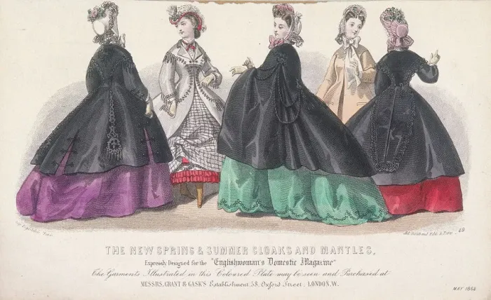 Framed Print : Five women wearing spring and summer coats and mantles, 1864 Framed Print : Five women wearing spring and summer coats and mantles, 1864