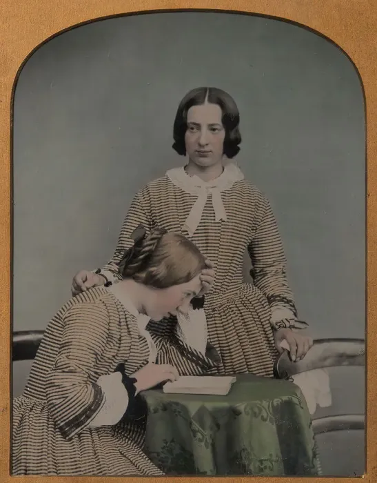 Framed Print : Two Women Wearing Striped Dresses, One Standing, the Other Seated, 1850s-60s Framed Print : Two Women Wearing Striped Dresses, One Standing, the Other Seated, 1850s-60s