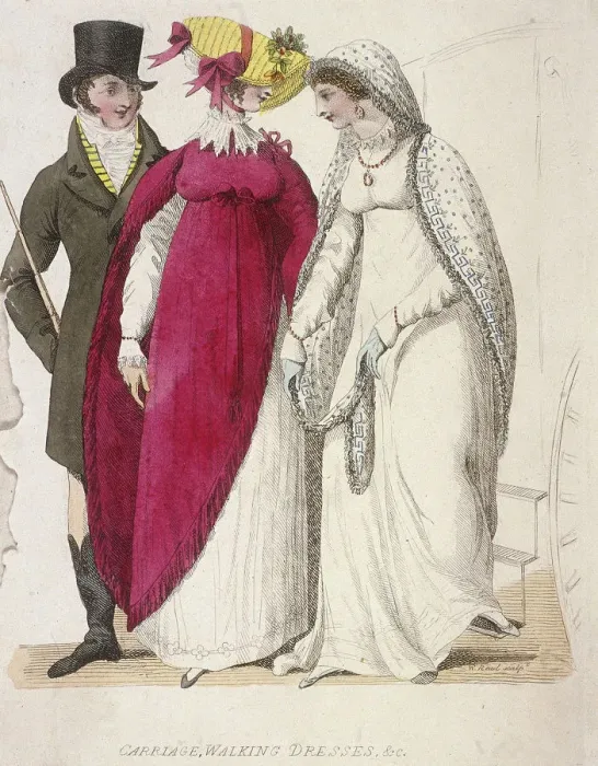 Framed Print : Two women wearing walking dresses accompanied by a man, c1810. Artist: W Read Framed Print : Two women wearing walking dresses accompanied by a man, c1810. Artist: W Read