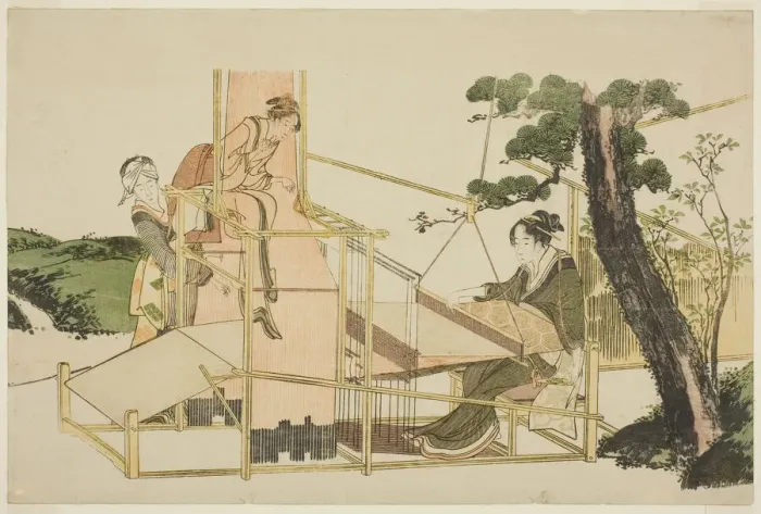 Framed Print : Women weaving on a loom, Japan, late 1810s and / or early 1820s. Creator: Hokusai Framed Print : Women weaving on a loom, Japan, late 1810s and / or early 1820s. Creator: Hokusai
