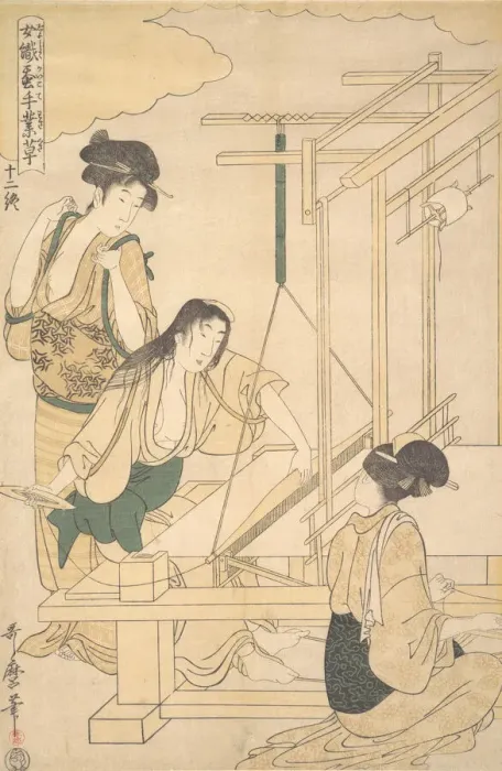 Framed Print : Women Weaving Silk Cloth, ca. 1800. Creator: Kitagawa Utamaro Framed Print : Women Weaving Silk Cloth, ca. 1800. Creator: Kitagawa Utamaro