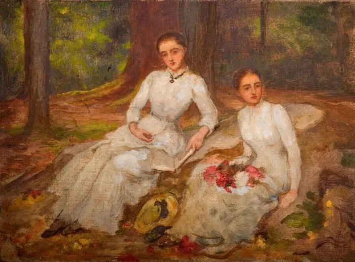 Framed Print : Two women in white seated in wooded glade, 1900. Creator: Louisa Starr Framed Print : Two women in white seated in wooded glade, 1900. Creator: Louisa Starr