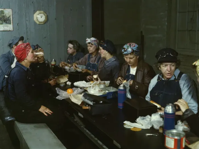 Framed Print : Women workers employed as wipers in the roundhouse having lunch... C&NWRR. Clinton, Iowa, 1943. Creator: Jack Delano Framed Print : Women workers employed as wipers in the roundhouse having lunch... C&NWRR. Clinton, Iowa, 1943. Creator: Jack Delano