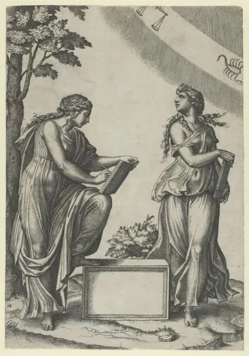 Framed Print : Two women of the zodiac standing beneath the signs of Libra and Scorpio, ca. 1517-20 Creator: Marcantonio Raimondi Framed Print : Two women of the zodiac standing beneath the signs of Libra and Scorpio, ca. 1517-20 Creator: Marcantonio Raimondi