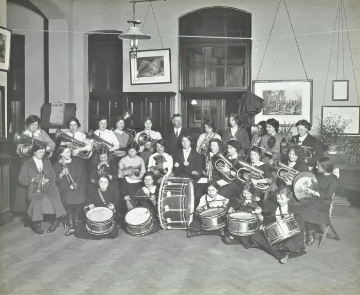 Framed Print : Womens brass band, Cosway Street Evening Institute for Women, London, 1914 Framed Print : Womens brass band, Cosway Street Evening Institute for Women, London, 1914