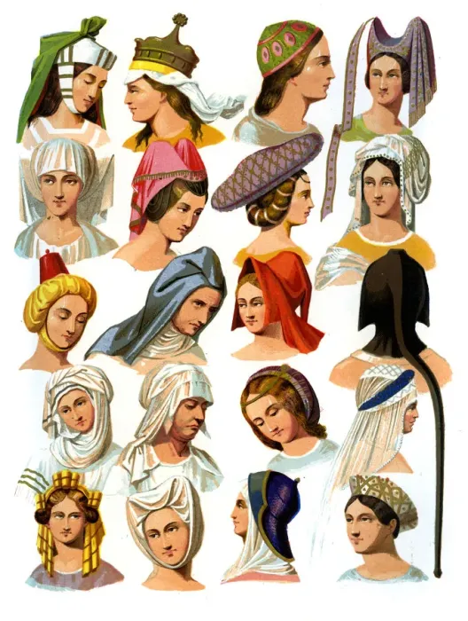 Framed Print : Womens hats of different classes of society, 13th-16th century (1849). Artist: Thurwanger Freres