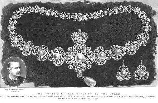 The Womens Jubilee offering to the Queen, Pearl and Diamond Necklace and Earrings, 1888. Creator: Unknown