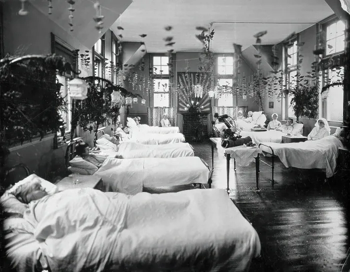 Framed Print : A women's ward in an unidentified hospital, with elaborate decorations. Creator: Unknown. A women's ward in an unidentified hospital, with elaborate decorations Framed Print : A women's ward in an unidentified hospital, with elaborate decorations. Creator: Unknown. A women's ward in an unidentified hospital, with elaborate decorations