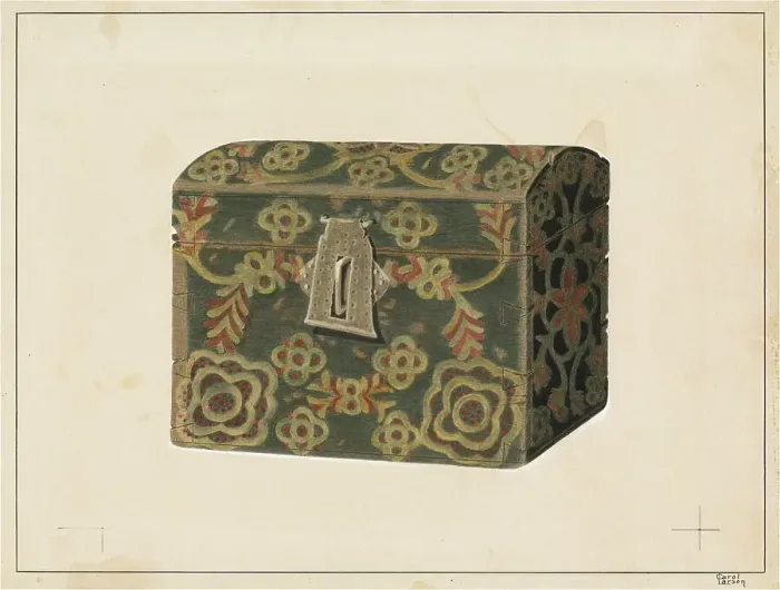 Framed Print : Wood Box or Chest, c. 1937. Creator: Carol Larson Framed Print : Wood Box or Chest, c. 1937. Creator: Carol Larson