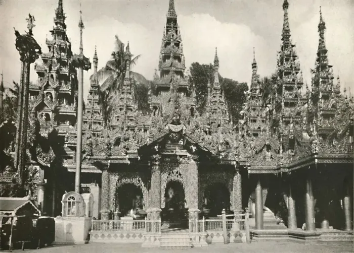 Framed Print : Wood Carved Shrines with Glass Mosaic work at the Shwe Dagon Pagoda, Rangoon, 1900 Framed Print : Wood Carved Shrines with Glass Mosaic work at the Shwe Dagon Pagoda, Rangoon, 1900
