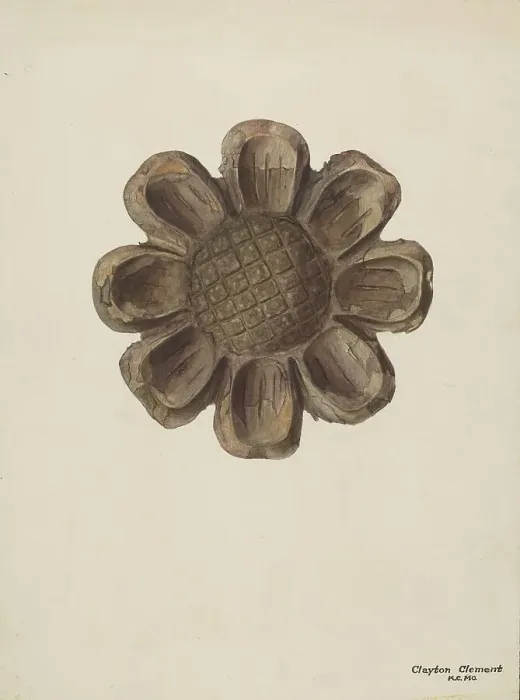 Framed Print : Wood Carving - Flower, c. 1939. Creator: Clements Clayton Framed Print : Wood Carving - Flower, c. 1939. Creator: Clements Clayton